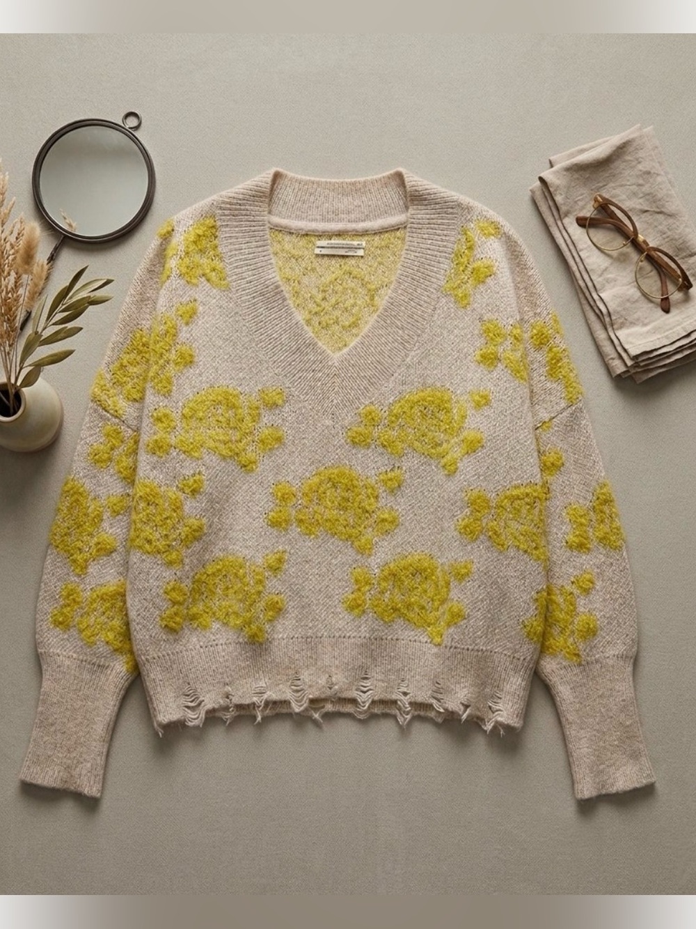 Anthropologie Lucila Sweater Floral V-neck Alpaca Blend Distressed Hem M Boho